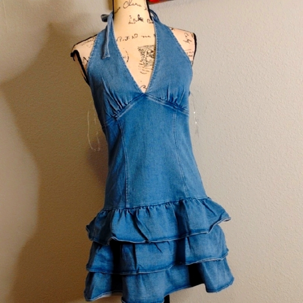 Blue Halter Denim Dress